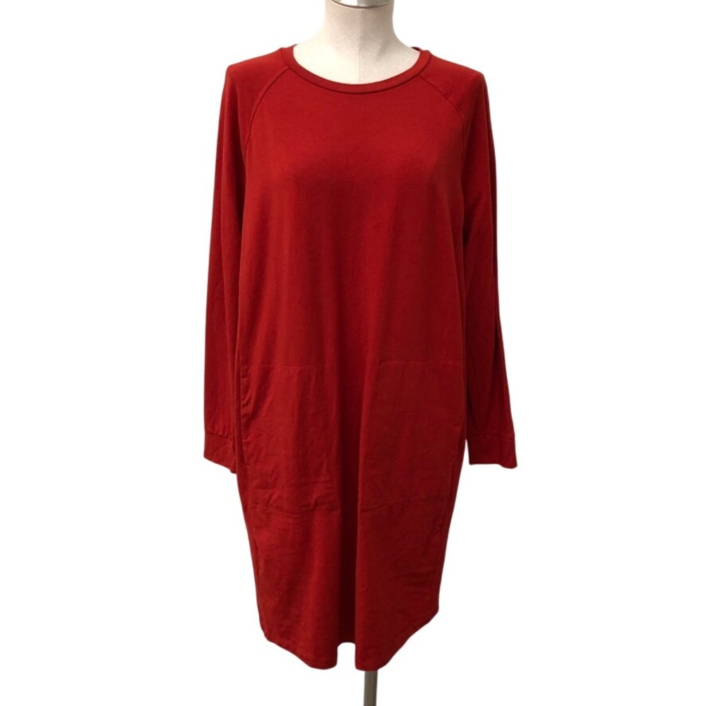 Eileen Fisher Dress Womens Medium Red Organic Cotton Raglan Sleeve Pocket Shift